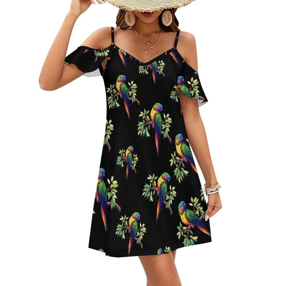 courte à épaules dénudées et manches à volants pour femme, ornée d'un adorable perroquet. Idéale pour la plage.