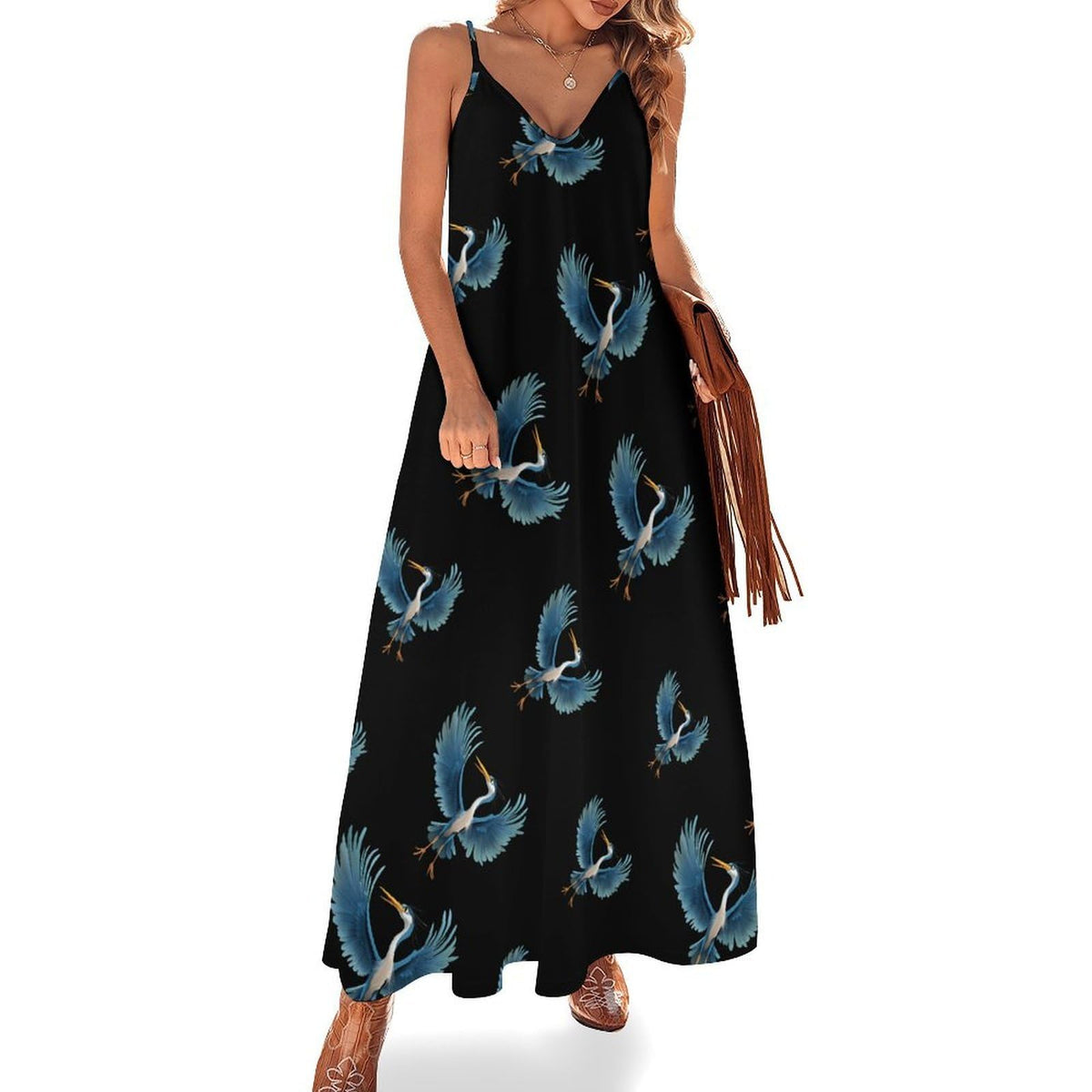 longue maxi à motif héron, sans manches, idéale pour l'été et la plage.